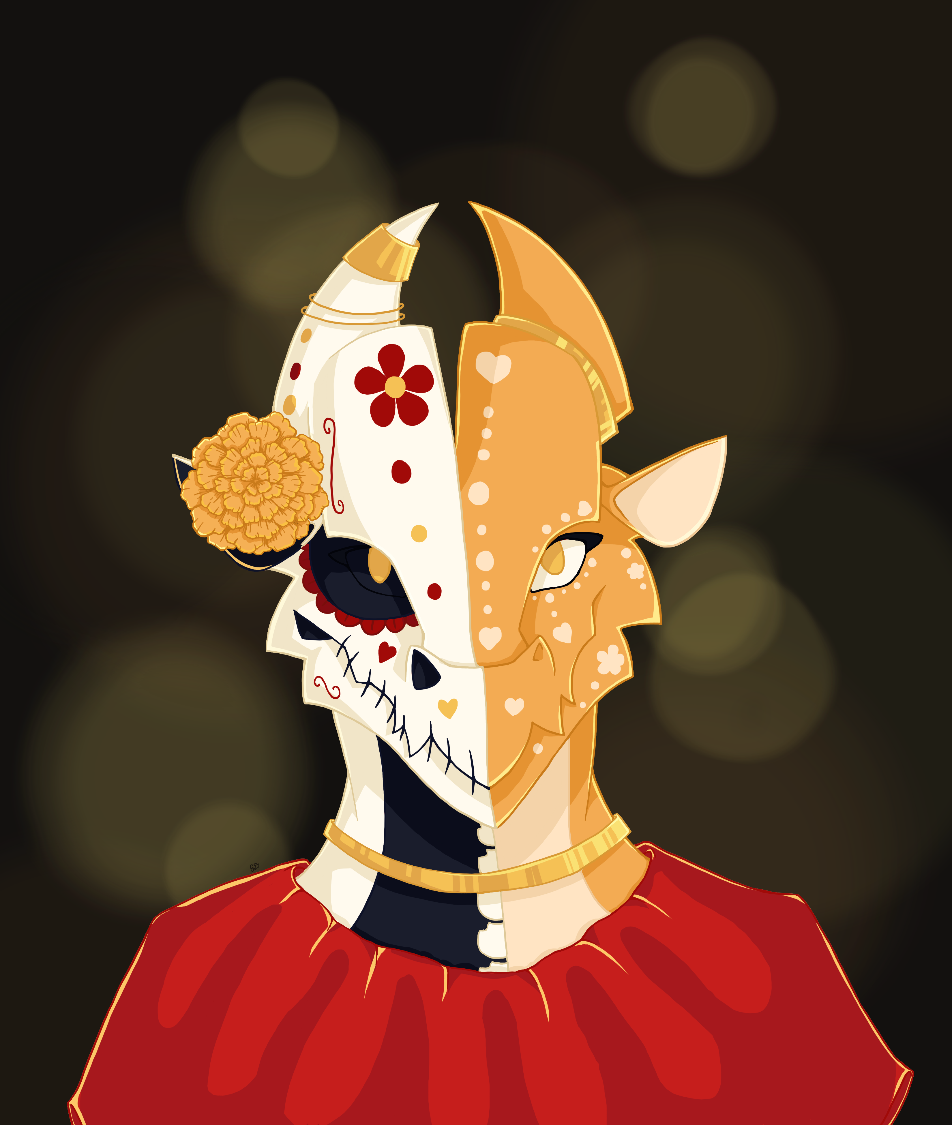 orange dragon with half of her face as a skull and a flower behind her ear