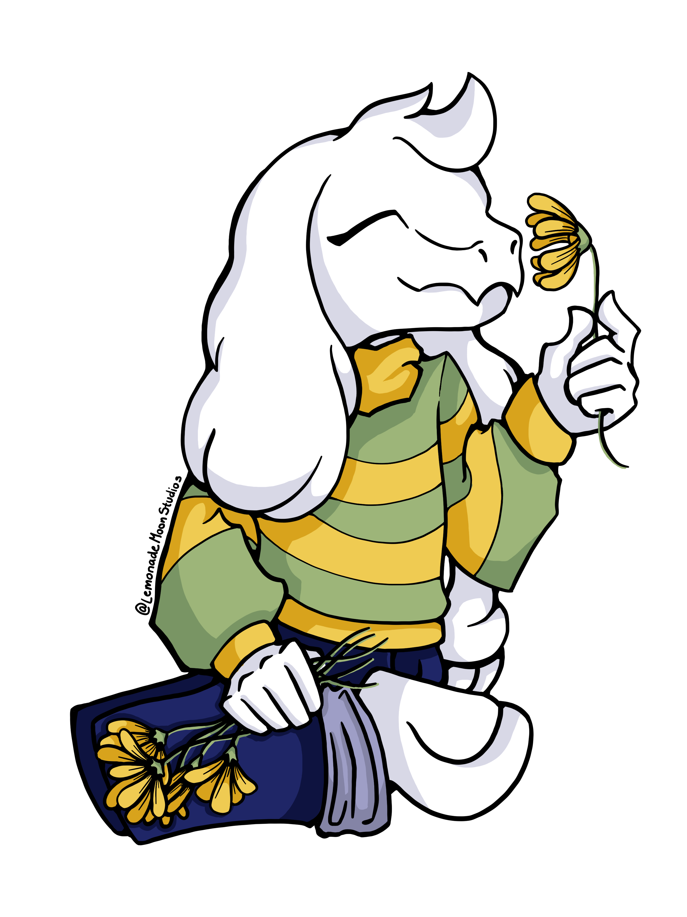 white bipedal goat in a green and yellow sweater sniffing a flower
