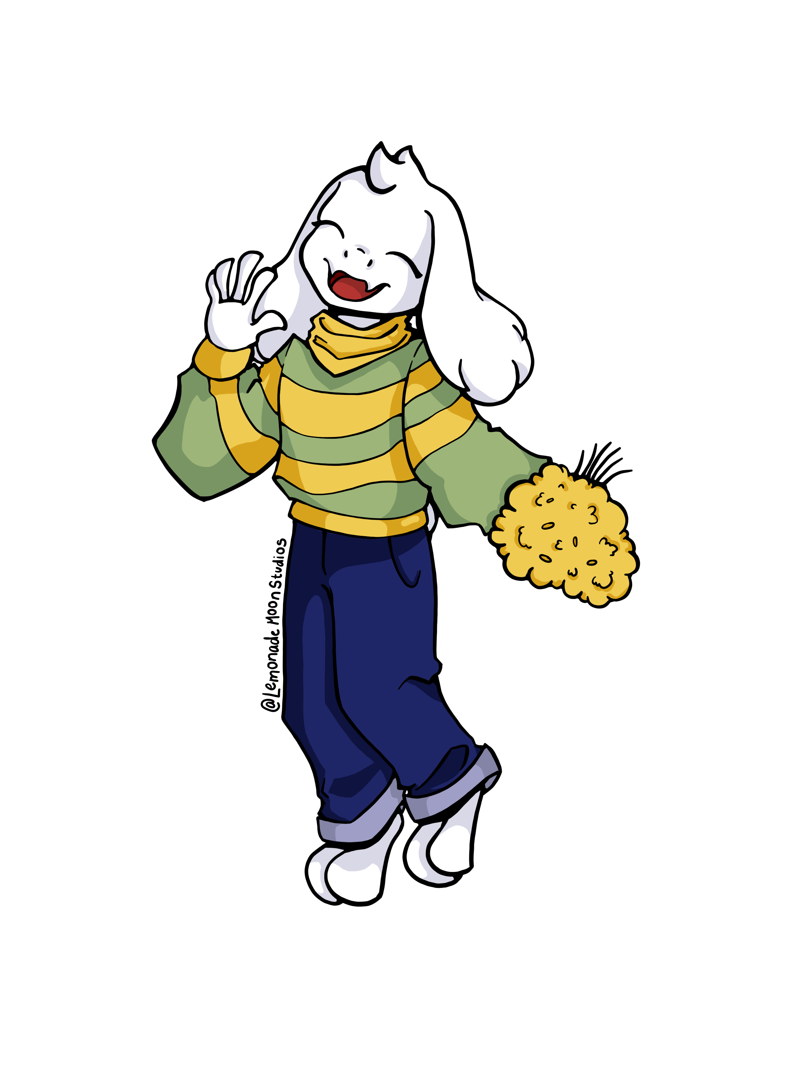 white bipedal goat in a green and yellow sweater holding a bouquet of yellow flowers