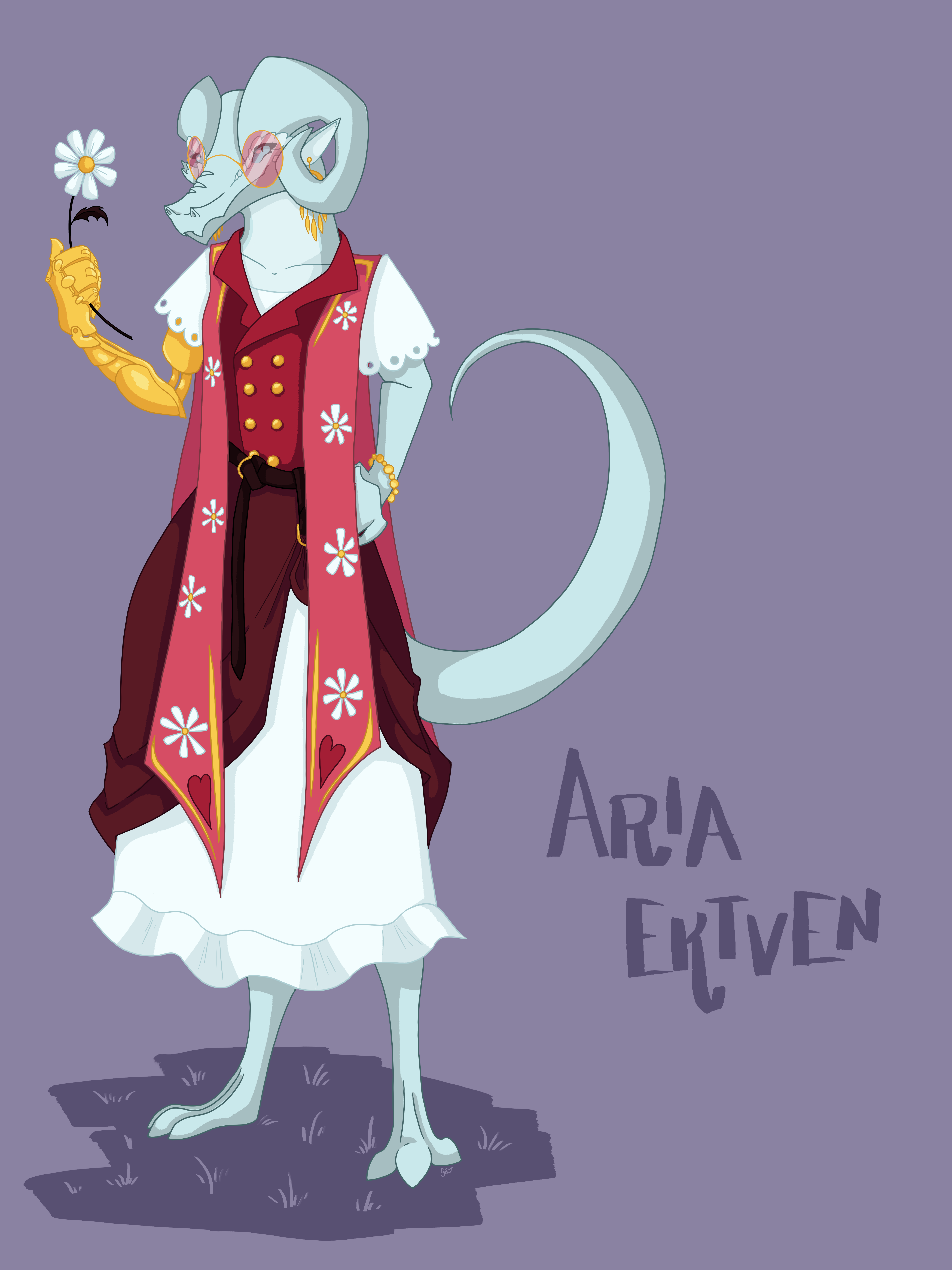light blue bipedal dragon with pink glasses, a gold arm, holding a flower