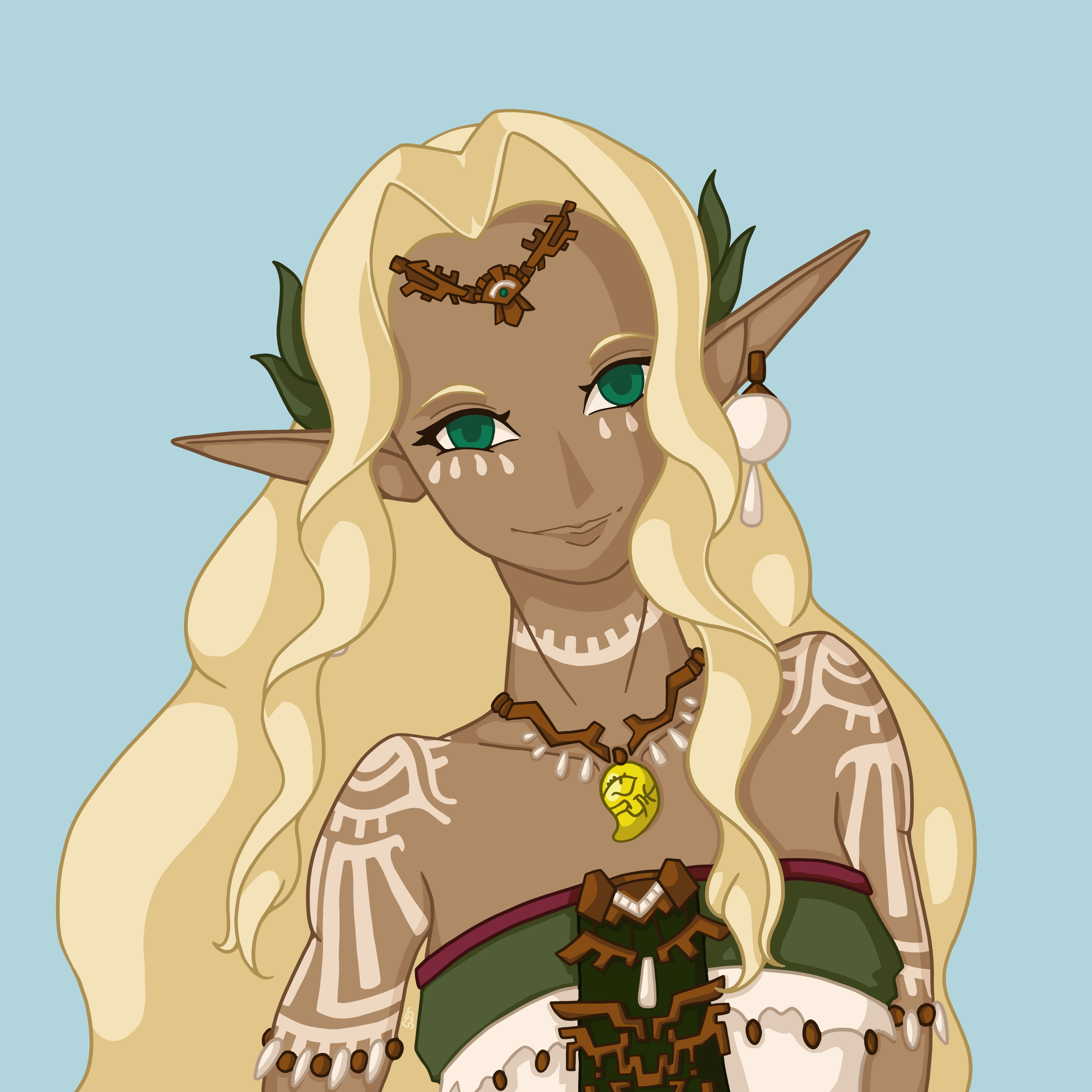 woman with long blonde hair, pointy ears, and ornate white tattoos
