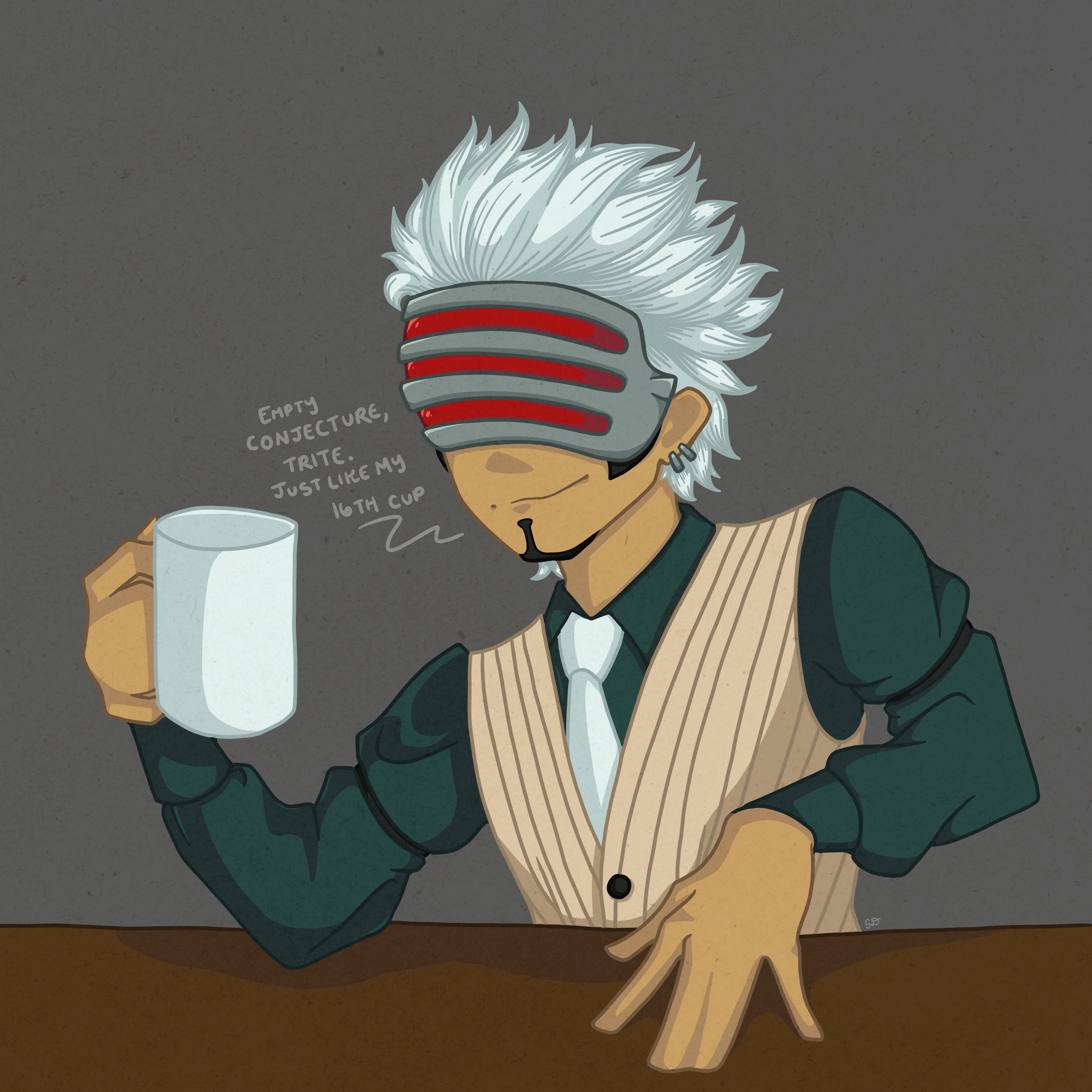 man with white hair, green shirt, tan vest, and red striped mask holding an empty mug, saying empty conjecture, trite, just like my 16th cup