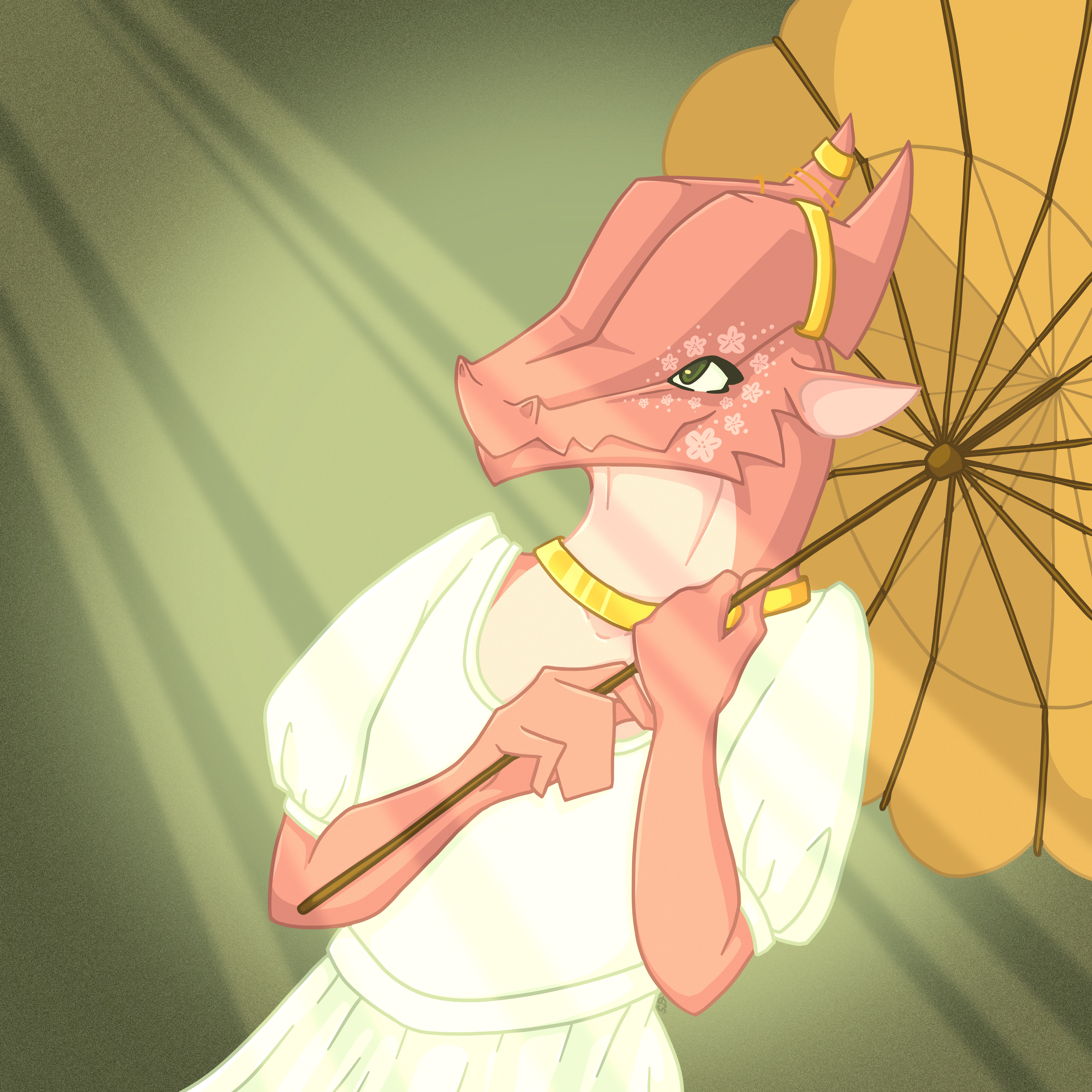 pink dragon wearing a white dress and holding a yellow parasol